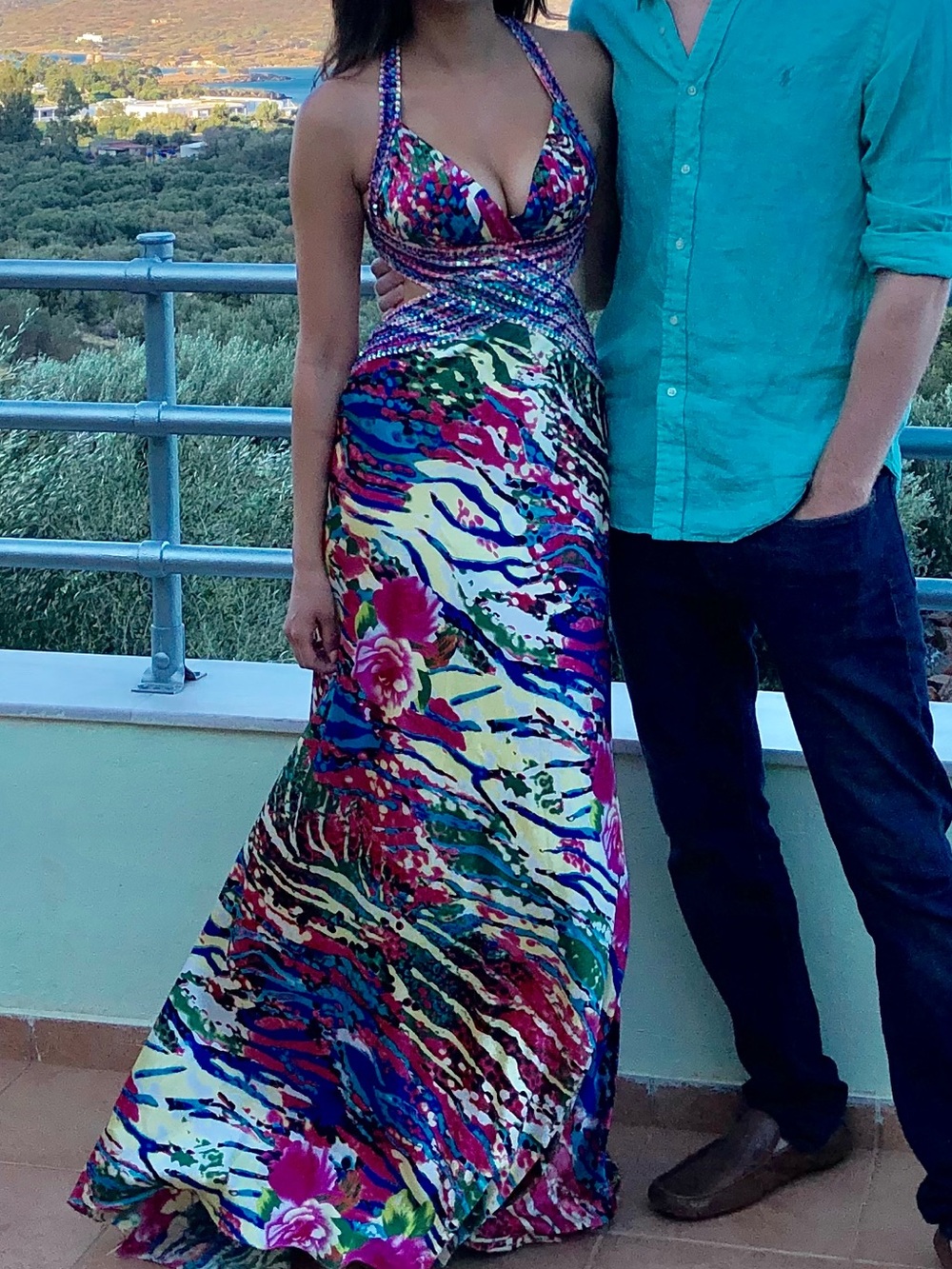 Cache Multicolor backless prom dress with waist cut outs & sparkle accents